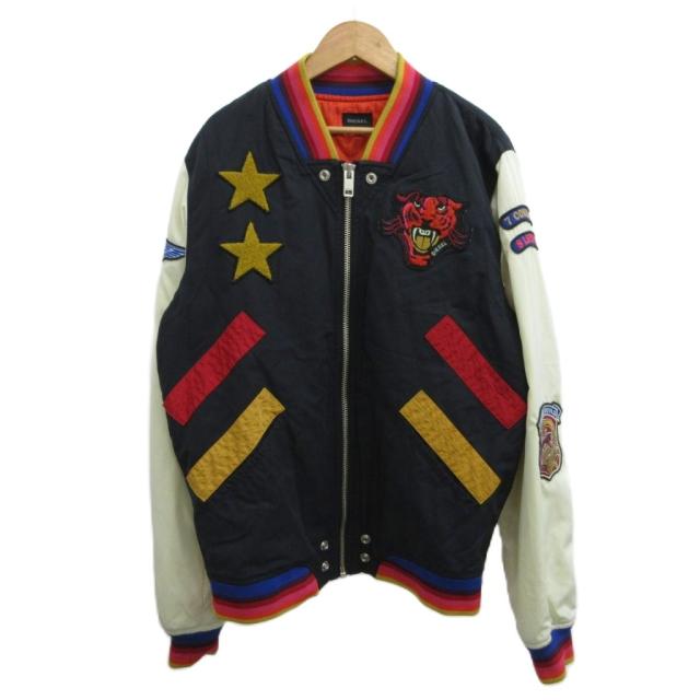 【中古】ディーゼル DIESEL スタジアムジャンパー ワッペン スタジャン ブルゾン M 黒 ブラック マルチカラー 長袖