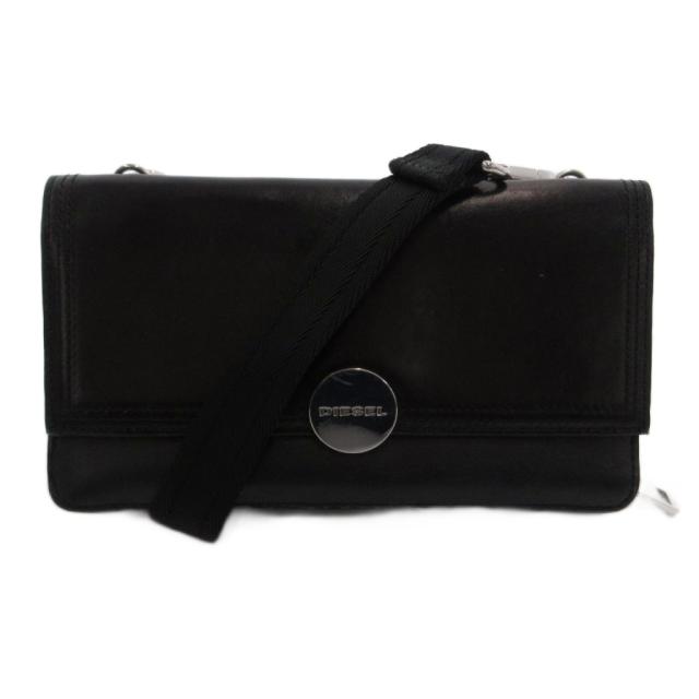 【中古】ディーゼル DIESEL ショルダーバッグ ショルダーウォレット なめし革 長紙入れ ラウンドジッパー 黒 黒いこと