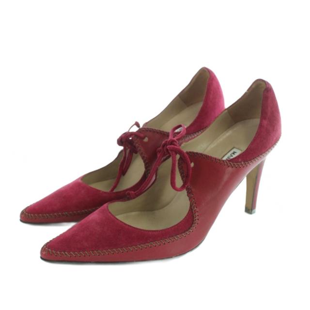 【中古】マノロブラニク MANOLO BLAHNIK パンプス ポインテッドトゥ ハイヒール スエードクロス 38 25糎 赤 赤いこと さくら色