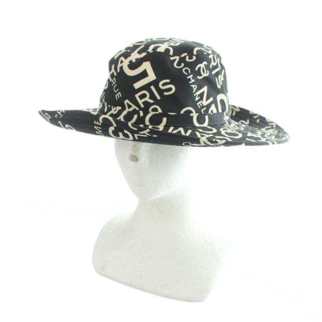 【中古】シャネル CHANEL 02SS バケットハット コットン 帽子 ココマーク NO.5 ロゴ 総柄 58 黒 ブラック レディース