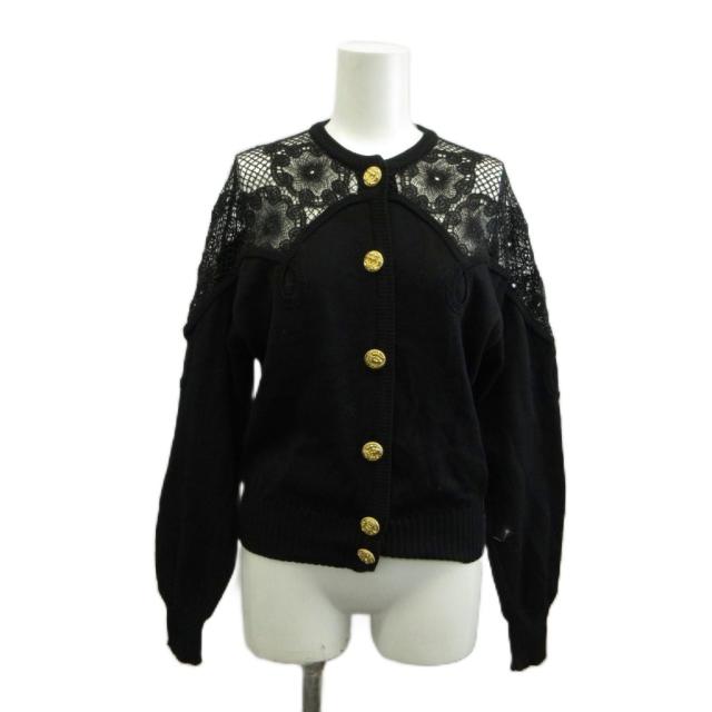 【中古】GIANNI VERSACE カーディガン ニット ウール 長袖 レース 切り替え メデューサ 金ボタン 42/11 L 黒