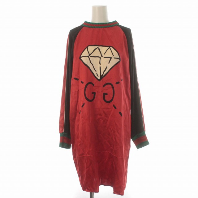 【中古】グッチ GUCCI ワンピース 長袖 ラグランスリーブ シェリーライン 絹 シルク M 赤 レッド ■GY18 ■OH