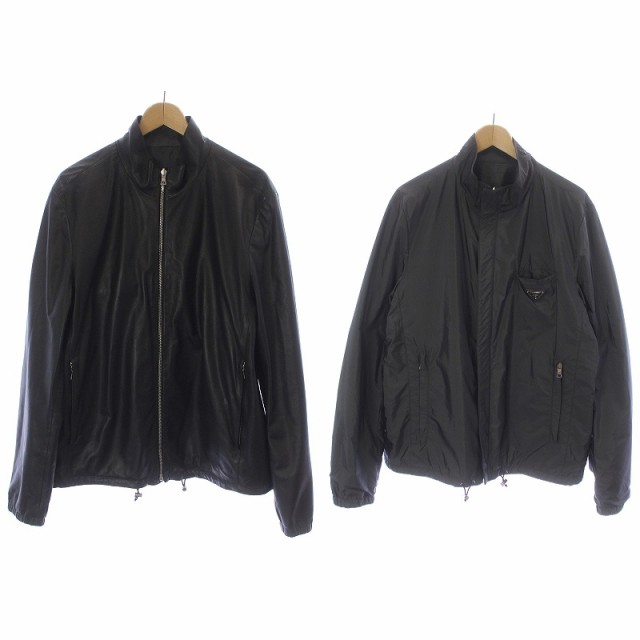 【中古】PRADA リバーシブル ブルゾン レザージャケット ナイロンジャケット 三角プレート ラムレザー 50 XL 黒