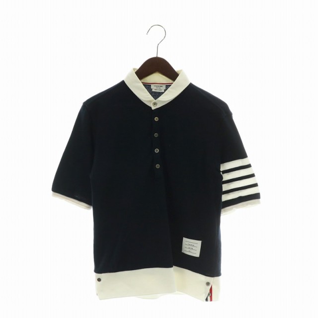 【中古】トムブラウン THOM BROWNE ポロシャツ 半袖 ストライプ ライン 2 M 紺 ネイビー 白 ホワイトの通販は