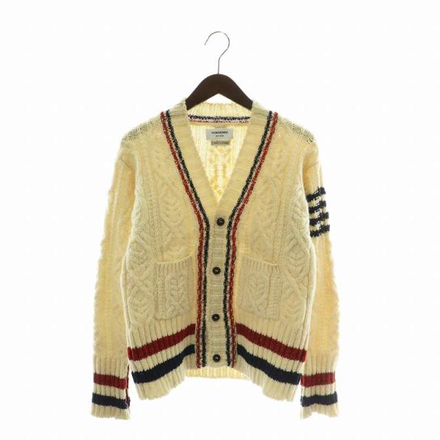 【中古】THOM BROWNE カーディガン アランニット ウール 長袖 ケーブル編み トリコロール 1 S アイボリーの通販は 23,944円