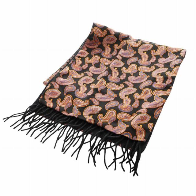 【中古】エトロ ETRO マフラー ストール フリンジ ペイズリー柄 総柄 ロゴ カシミヤ 絹 シルク 黒 ブラックの通販は