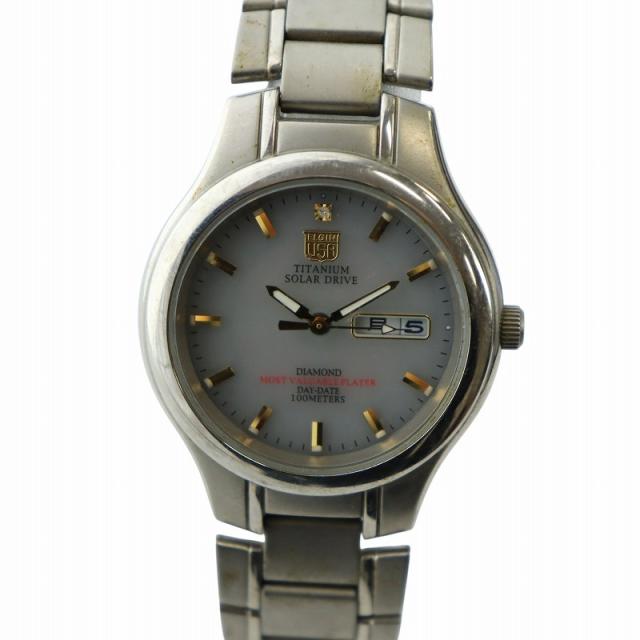 【中古】エルジン ELGIN  腕時計 ウォッチ ソーラー デイト チタン 1P ダイヤ グレー文字盤 シルバー色 FK-1201-Cの通販は 6,800円