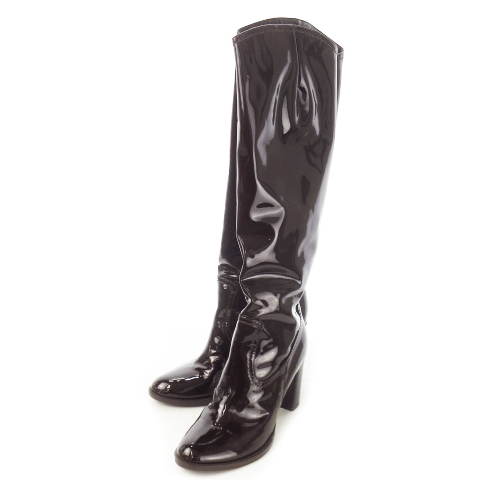 フォクシー FOXEY フラットシューズ 36 レザー×エナメル（レザー） ダークブラウン×黒 レディース リボン 靴