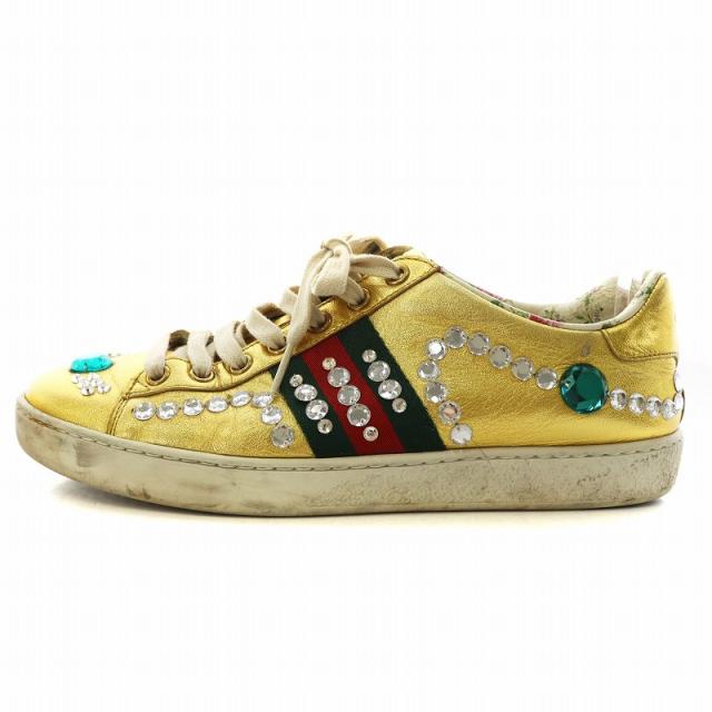 【美品】グッチ　GUCCI スニーカー ゴールド シェリーライン 花柄 中古】グッチ GUCCI シェリーライン スニーカー シューズ ライン