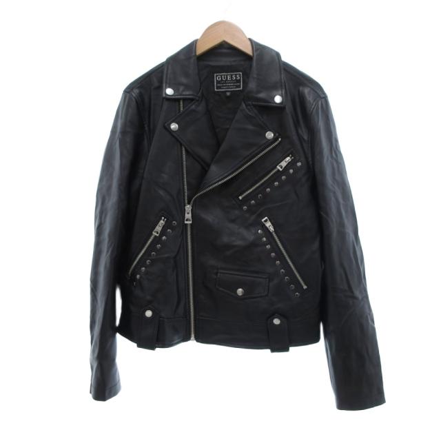 雰囲気抜群 GUESS 本革 襟付き レザージャケット ブラック Mサイズ GUESS ブラック ライダースジャケット M 雰囲気抜群 GUESS 本革 襟付き