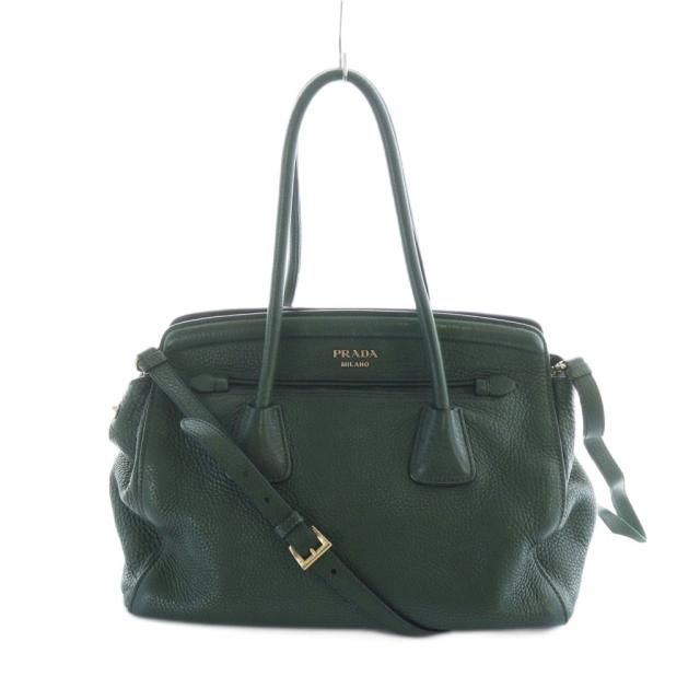 【中古】プラダ PRADA 2WAY ショルダーバッグ ハンドバッグ トート レザー シボ革 緑 グリーン ■GY37 レディース