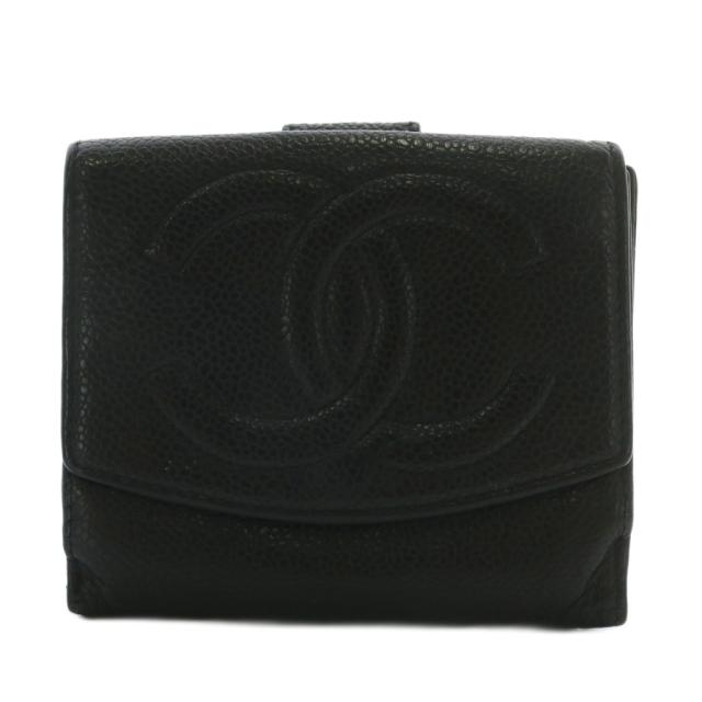【中古】シャネル CHANEL 財布 二つ折り キャビアスキン レザー Wホック ココマーク 黒 ブラック