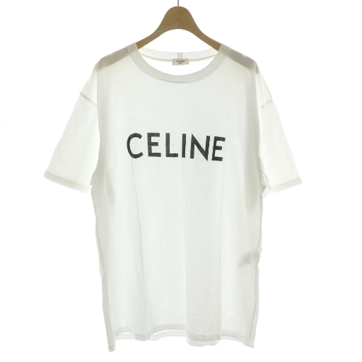 【中古】セリーヌ CELINE 近年モデル Tシャツ カットソー 半袖 オーバーサイズ ロゴ イタリア製 L 白 ホワイト 黒