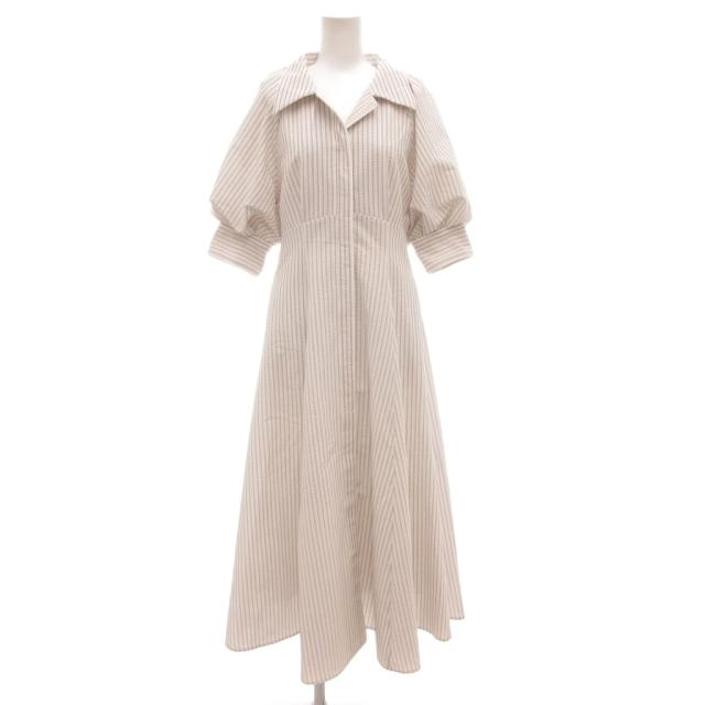 【中古】Her lip to ハーリップトゥ 美品 シャツワンピース ストライプ柄 パフスリーブ 5分袖 マキシ ロング グレー