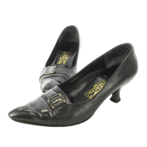 【中古】サルヴァトーレフェラガモ Salvatore Ferragamo NAVITAS パンプス ミドルヒール レザー ヴァラ ロゴ 6 黒