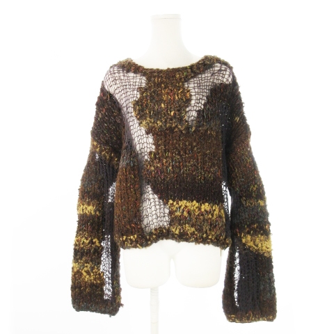 【中古】未使用品 ナウンレス NOUNLESS MIX YARN INTARSIA KNIT ニット セーター 長袖 切替編み 透け感 1 S 茶