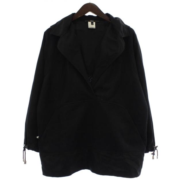 【中古】GIANFRANCO FERRE パーカー フーディー 絹 シルク混 長袖 メッシュ プルオーバー 星 いかり 刺繍 44 黒