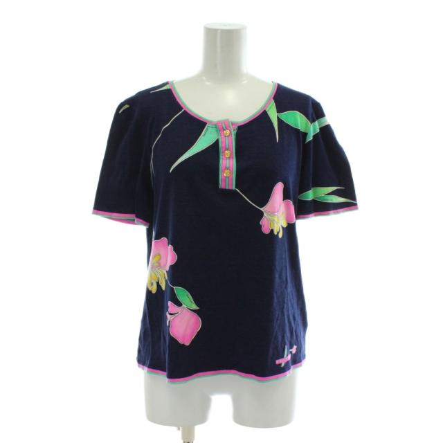 【中古】レオナール LEONARD FASHION Tシャツ カットソー 半袖 ヘンリーネック 花柄 総柄 ロゴ 金ボタン L 紺