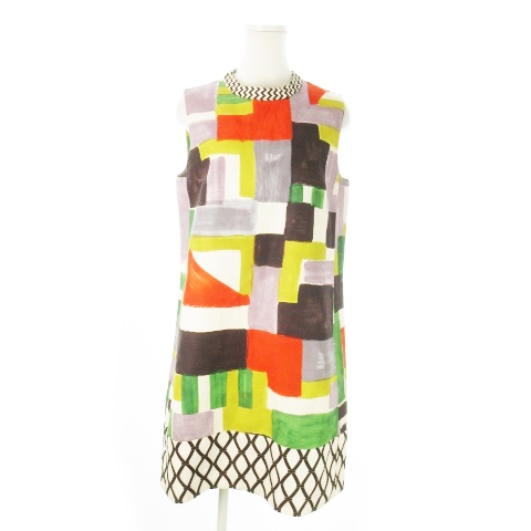 【中古】Sマックスマーラ 'S Max Mara ひざ丈ワンピース ノースリーブ 麻 リネン 切替 総柄 42 M マルチカラー