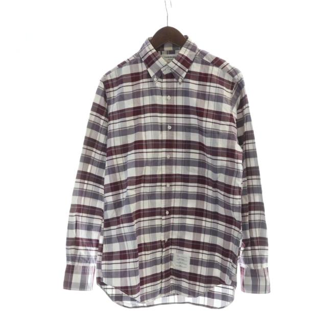 【中古】トムブラウン THOM BROWNE 長袖シャツ ステンカラー ボタンダウン ロゴ チェック柄 3 赤 レッド 白