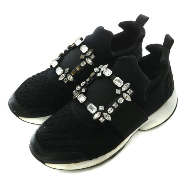 【中古】ロジェヴィヴィエ ROGER VIVIER ストラスバックルスニーカー ローカット ビジュー ラインストーン 37 24cm 黒