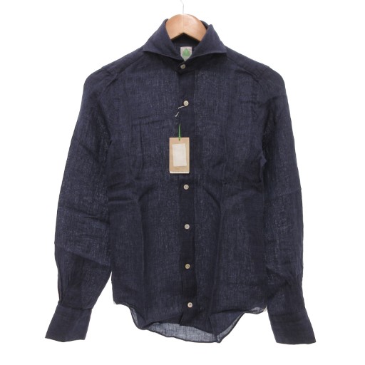 【中古】未使用品 フィナモレ finamore タグ付き シャツ 長袖 シアー 麻 リネン 36 紺 ネイビー /XZ ■GY99 メンズ