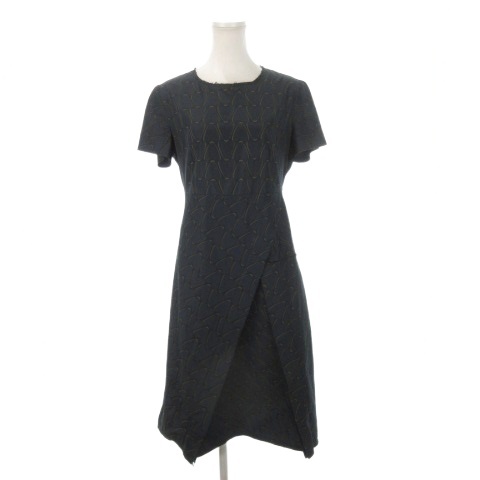 【中古】チヴィディーニ CIVIDINI ワンピース ひざ丈 ミモレ 半袖 総柄 42 ネイビー 紺 カーキ /AH10 ■GY99