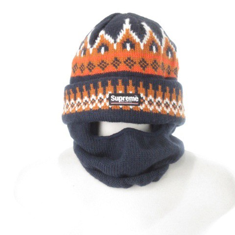【中古】SUPREME Facemask Beanie フェイスマスク ニット帽 ビーニー バラクラバ ノルディック柄 ロゴ 紺