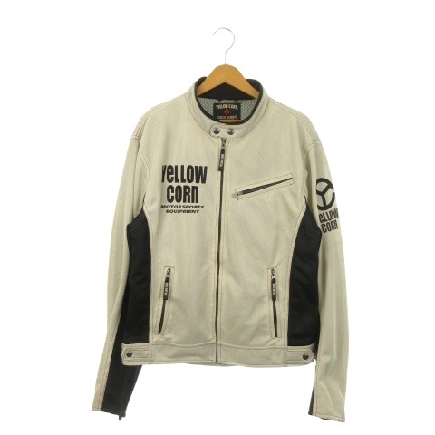 【中古】YELLOW CORN メッシュジャケット バイクジャケット ジップアップ プロテクター付 ロゴ バイク LL ベージュ