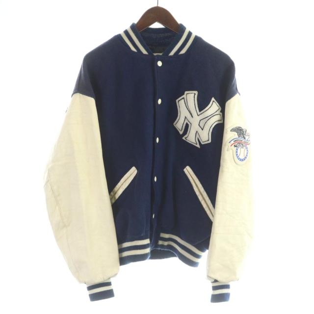 【中古】90s USA製 DeLong デロング MLB ニューヨーク・ヤンキース Yankees NY スタジャン アームレザー L 紺 白