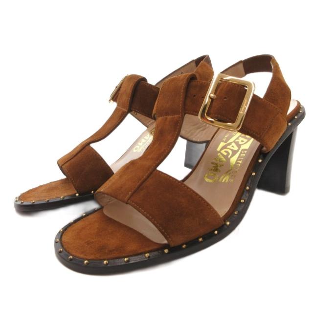 【中古】サルヴァトーレフェラガモ Salvatore Ferragamo サンダル チャンキーヒール スエード ストラップ 4.5 茶