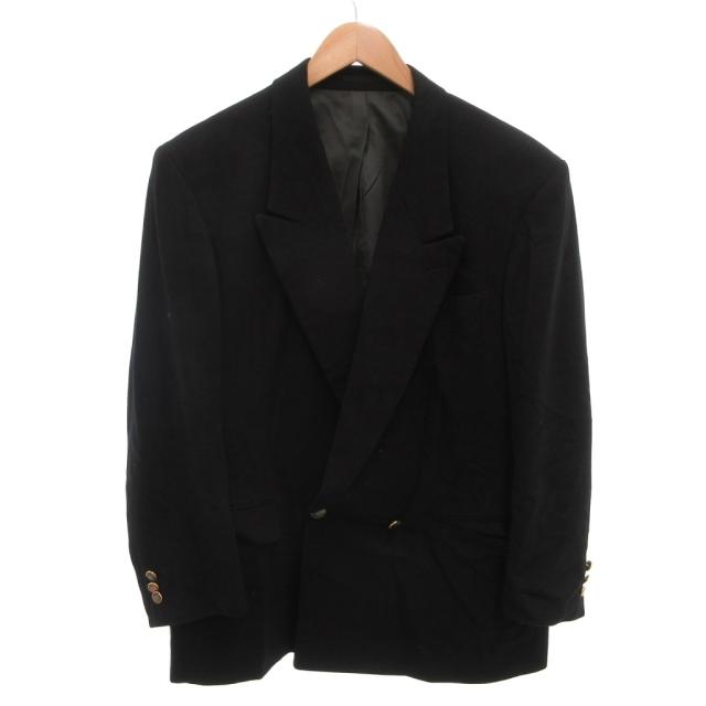 【中古】ランバン LANVIN ヴィンテージ テーラードジャケット ダブル シルク混 金ボタン カシミヤ R50-46 黒