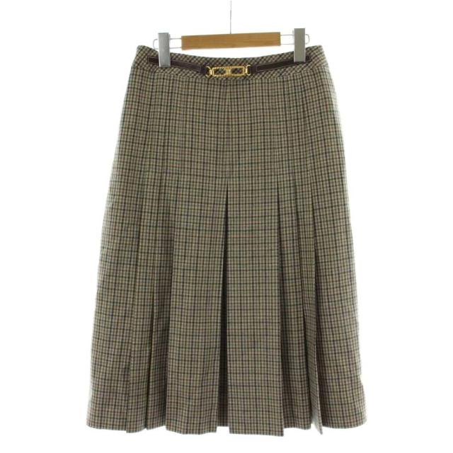 【中古】セリーヌ CELINE プリーツスカート ウール 44 ベージュ マルチカラー 千鳥格子柄 マカダム金具