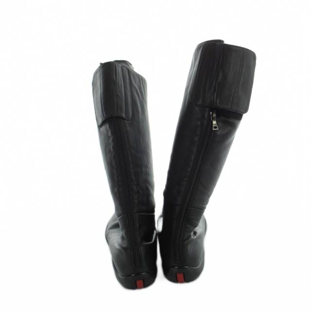 【中古】プラダスポーツ PRADA SPORT ロングブーツ ラウンドトゥ ベルクロ レザー ロゴ 黒 ブラック ■GY35 /MQ_2