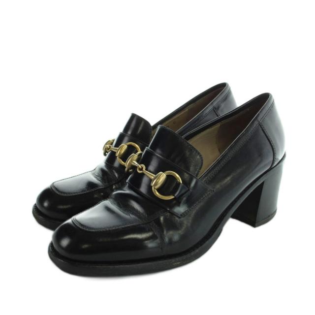 【中古】グッチ GUCCI ローファー ラウンドトゥ チャンキーヒール レザー ホースビット 100 0356 35.5 22.5cm 黒
