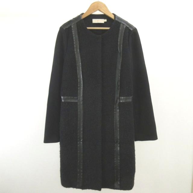 【中古】トリーバーチ Pコート ブークレ生地 異素材 ウール 6 黒 ブラック 長袖 ノーカラー レザー調切り替え