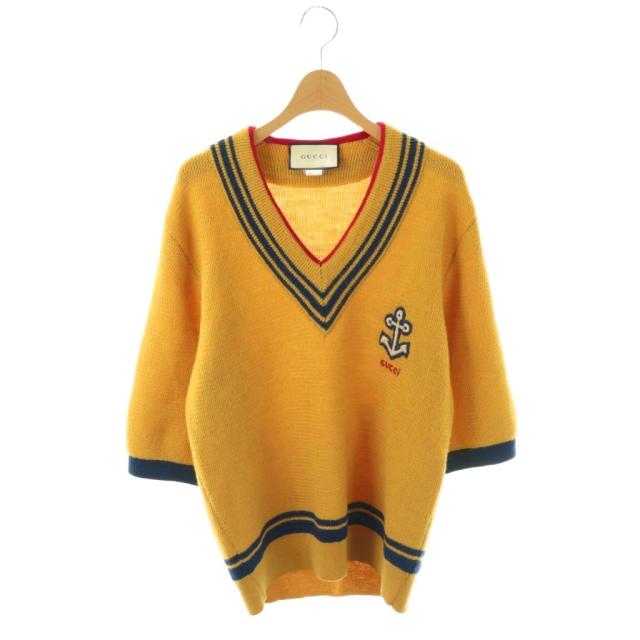 【中古】グッチ ニット セーター 五分袖 Vネック 錨モチーフ ウール S マスタード ネイビー レッド 597656 /DO