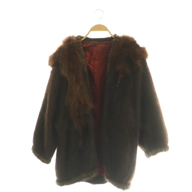 【中古】ノーブランド ファージャケット シャギーニット ノーカラー ブラウン /DF ■GY99 レディース