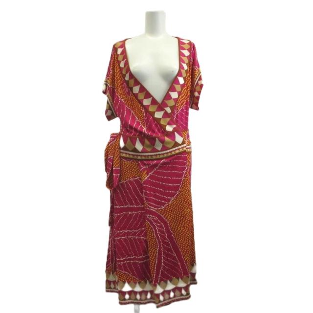 【中古】ダイアンフォンファステンバーグ DIANE von FURSTENBERG カシュクールワンピース 絹 シルク 8 ピンク 茶