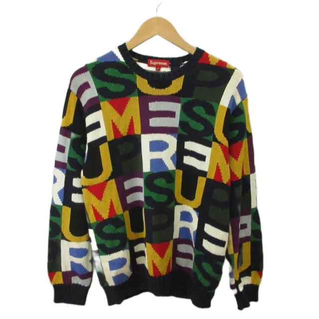 【中古】SUPREME 18AW Big Letters Sweater ビッグレター ニット セーター 長袖 クルーネック 総柄 S マルチカラー