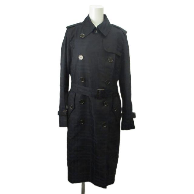 【中古】BURBERRY LONDON トレンチコート アウター シャドーチェック 総裏地 ベルト ライナー付き 9 M 黒 紺