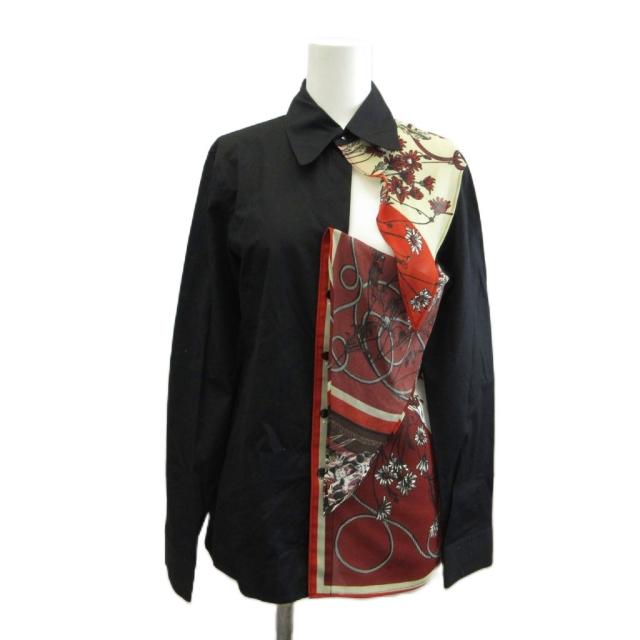 【中古】未使用品 ジャンポールゴルチエ 90s ヴィンテージ シャツ ブラウス 長袖 スカーフ 切替 花柄 40 M 黒