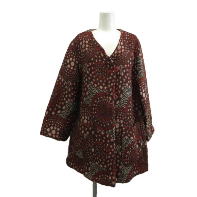 【中古】ミッソーニ MISSONI ノーカラーコート ウール ミドル 幾何学サークル柄 総柄 Vネック 44 L 赤 レッド