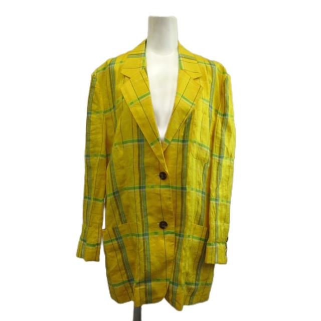 【中古】Christian Dior SPORTS ヴィンテージ テーラードジャケット 麻 リネン シングル 2B チェック柄 M 黄色