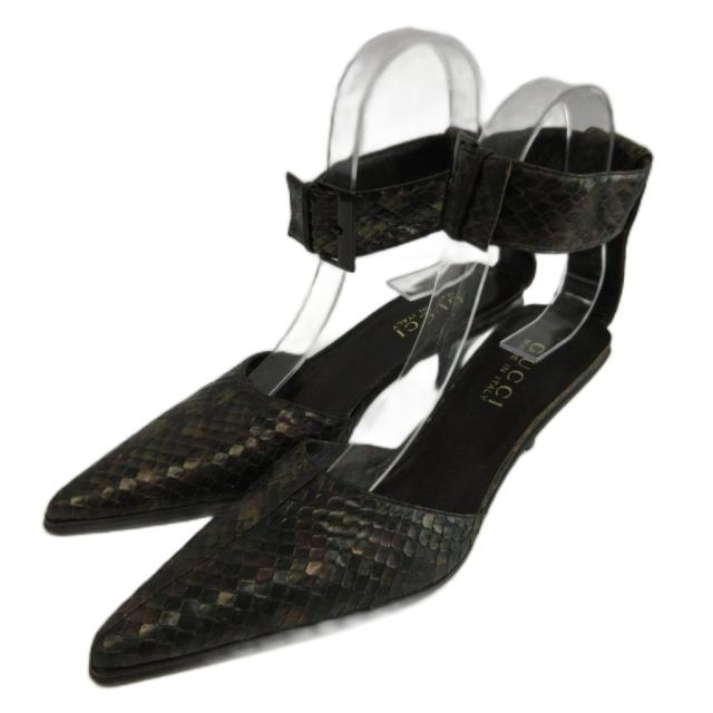 【中古】GUCCI パンプス パイソン 長蛇革 なめし革 ポインテッドトゥ 真っただ中踵 アンクルストラップ 36 23糎 赤銅色