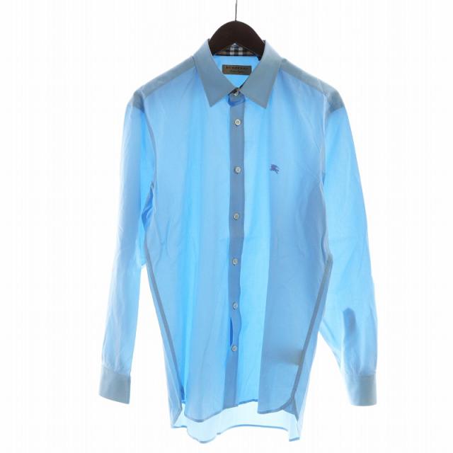 【中古】バーバリー BURBERRY William ドレス シャツ 長袖 ノバチェック柄 ロゴ 刺繍 L ライトブルー 8003072 /MQ