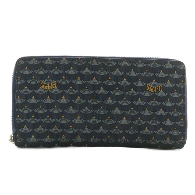 【中古】フォレルパージュ FAURE LE PAGE 長財布 レザー ラウンドファスナー エカイユ柄 ロゴ 総柄 紺 ネイビー