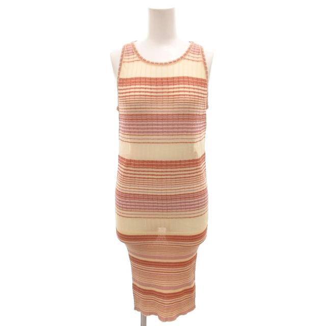 【中古】未使用品 ミッソーニ タグ付 ニット ワンピース タイト ラメ ボーダー ノースリーブ ひざ丈 42 ベージュ系