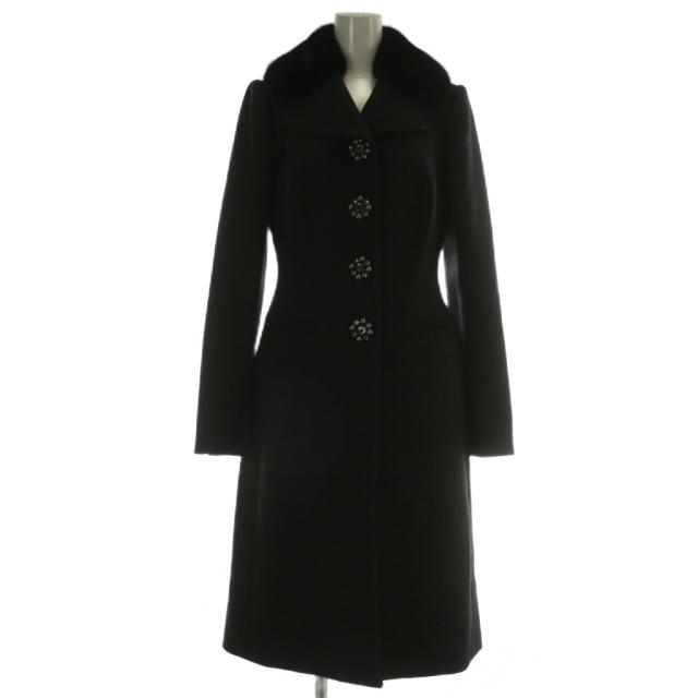 【中古】DOLCE&GABBANA チェスターコート アウター ウール ファー 毛皮 ミンク ロング ビジュー 裏地水玉 40 M 黒