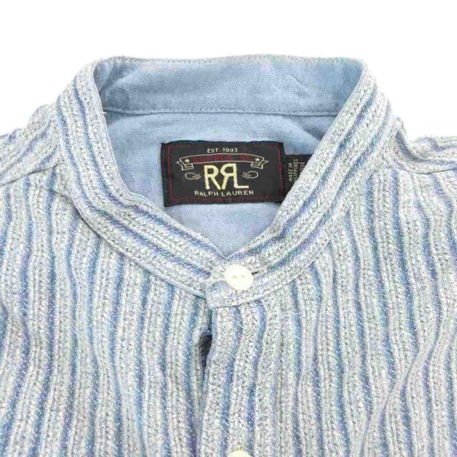 【中古】ダブルアールエル RRL リペア ヘンリーネック バンドカラーシャツ 麻 リネン ストライプ 長袖 XS 青 ブルー 中古】ダブルアールエル RRL リペア ヘンリーネック バンドカラー
